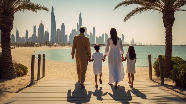 Family walking on a Dubai beach